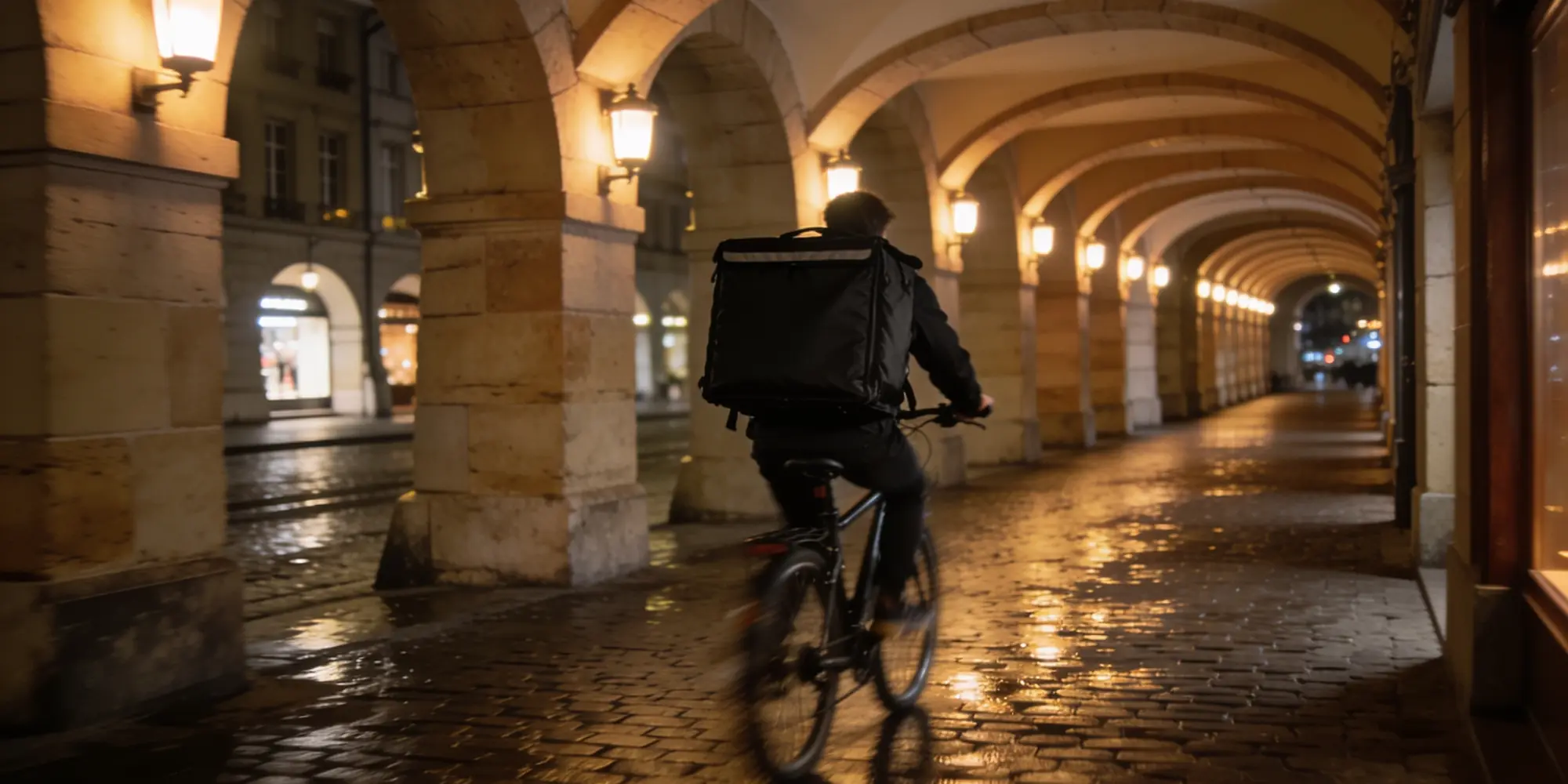 A bicycle courier passes through the stone arcades of an old town at night