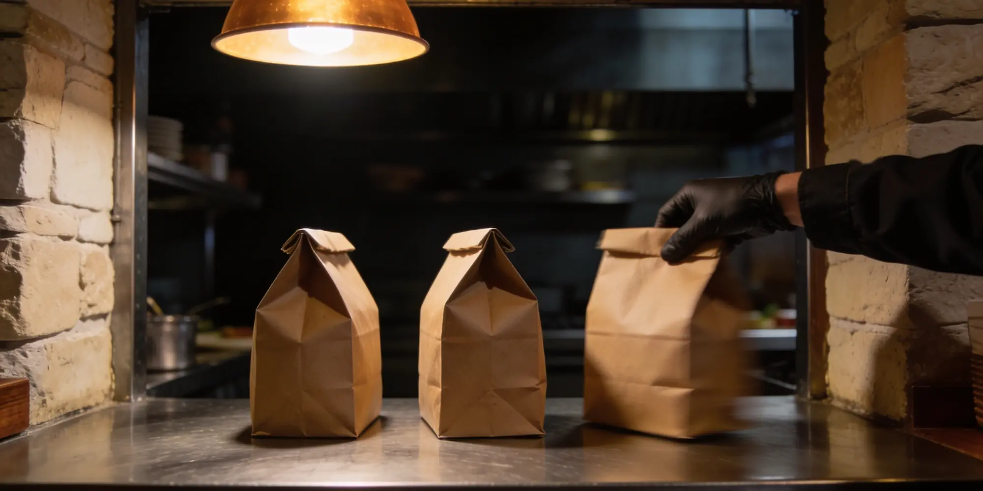 Paper takeaway bags waiting on a restaurant pass while a gloved hand picks one up