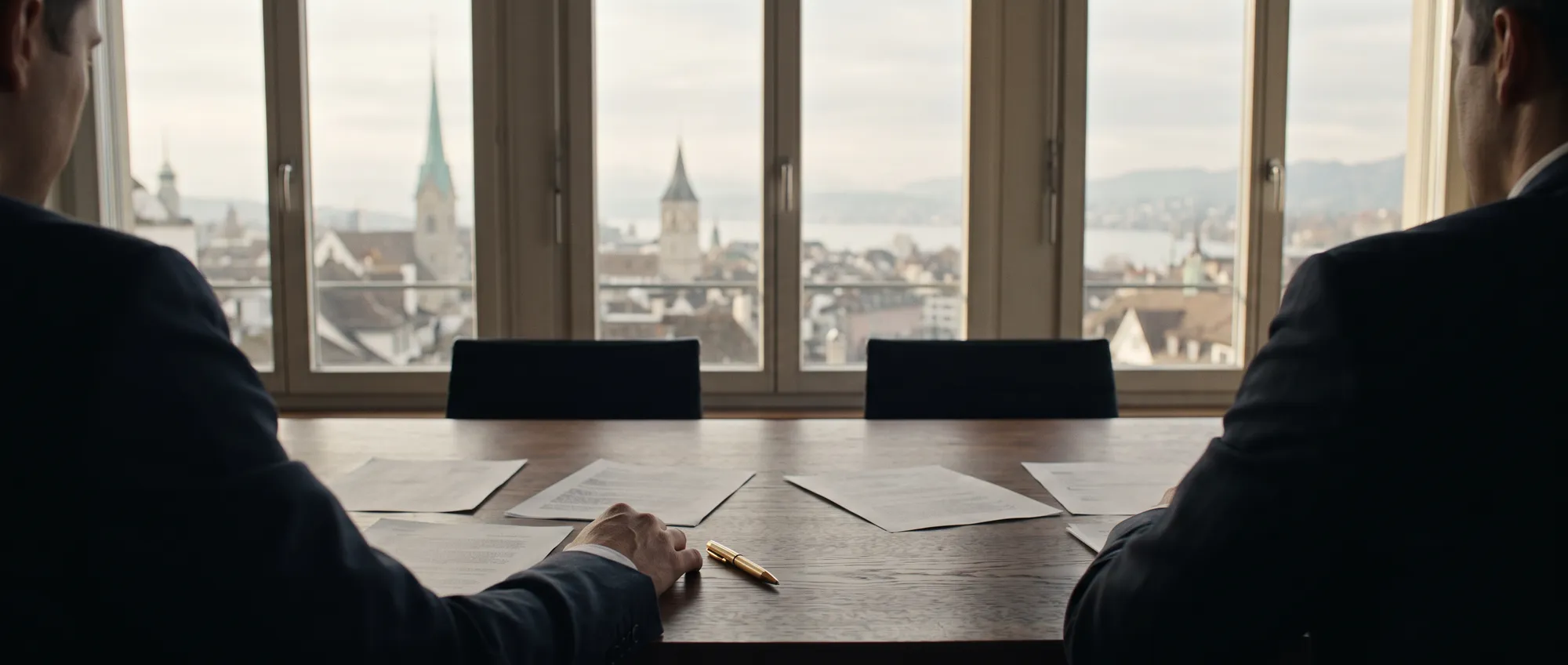 Two people at a table reviewing printed sheets in front of a window above Zurich
